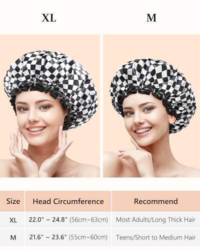 mikimini Large Shower Cap for Women Long Hair, 2 Pack,Elegant Chessboard Design,Double-layer Waterproof, Reusable, Washable, No Odor, X-Large - size: X-Large (Pack of 2)