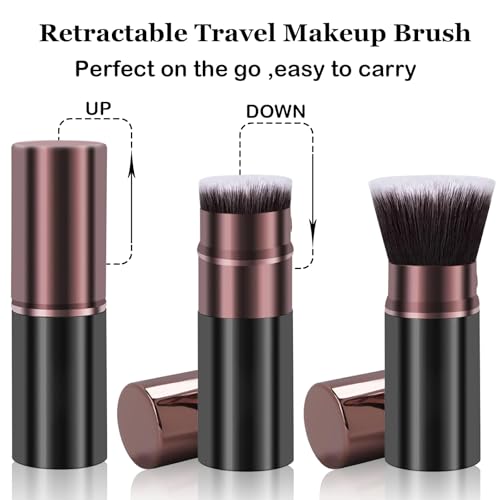 Retractable Makeup Brushes, 2 Pack Travel Kabuki Blush Makeup Brush | Face Powder Foundation Brushes for Blending Liquid, Blush, Bronzer, Buffing, Flawless Cosmetics, with Aluminum Handle, Cover - color: Brown&Black