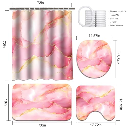 Lnond 4Pcs Bathroom Sets with Shower Curtain and Rugs, Pink Gold Marble Modern Art Shower Curtain Sets with Rugs and Accessories - color: Pink Gold Marble