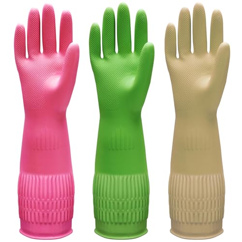 Bamllum 3 Pairs of Rubber Dishwashing Gloves for Kitchen and Household Cleaning – Long Cuff 15", Reusable, Flexible Long-lasting and Non-Slip (Red+Yellow+Green, X-Large) - size: XL(Best for Large Hands)