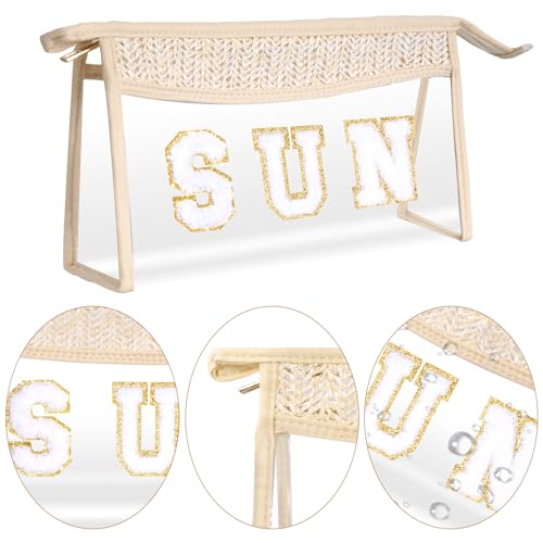 Boho Patch Cosmetic Bag with Zipper, Chenille Varsity Letter Makeup Bag, Clear Travel Pouch, Multi-purpose Small Toiletry Bag for Women Girls (Sun) - style: Sun