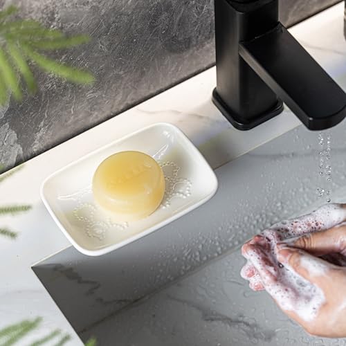 Gomakren Ceramic Soap Dish Bar Soap Holder for Bathroom Kitchen Sink White | Keeps soap dry & long-lasting, raised scalloped design, non-slip base, easy to clean, versatile tray counter storage & decor - color: White, size: Scalloped