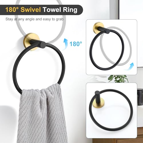 TQKAG Black and Gold Bathroom Hardware Set 6-Piece Bathroom Accessory Set 23.6 Inch Round Stainless Steel Towel Bar Set Wall Mounted - color: Black+gold, size: 6-Pieces Set