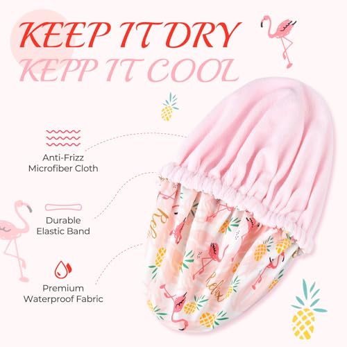 Shower Cap for Women Terry Lined Bath Cap Large Reusable Waterproof Elastic Band Pink Flamingo Shower Caps for Long Thick Hair Soft Bath Shower Hair Caps - color: Pink Flamingo