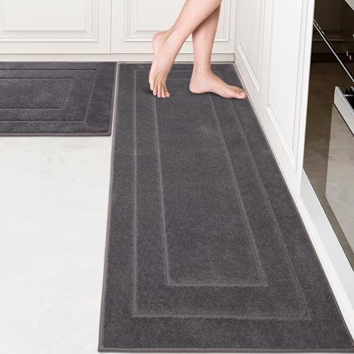 PURRUGS Machine Washable Kitchen Rug Set [2 PCS] (24" x 35.5"+ 24" x 59"), Non-Slip/Skid Kitchen Runner Rugs & Floor Mats, Super Absorbent Soft Standing Mats for Kitchen, Laundry & Sink, Grey - color: Grey, size: 24" X 35.5"+ 24" X 59"