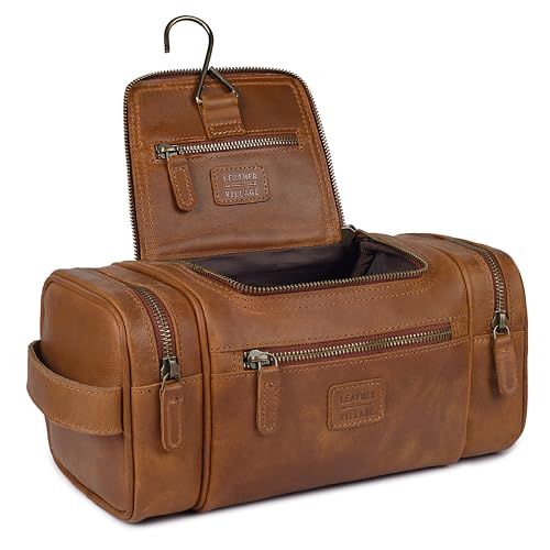 LEATHER VILLAGE Genuine Leather Travel Dopp Kit for Men & Women – Water-Resistant Large-Capacity Hanging Toiletry Bag for Travel, Grooming, Bathroom Organization, Shaving Essentials & Gym Use - Tan - color: Tan