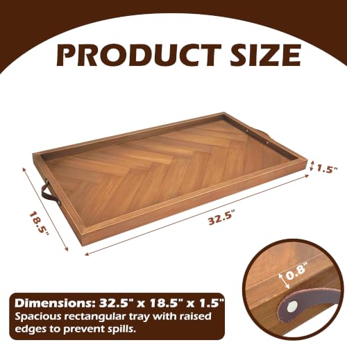 Extra Large Ottoman Tray Rectangle, 32.5"x18.5" Wooden Ottoman Trays with Leather Handles, Rustic Decorative Storage Tray for Ottoman - size: 32.5" x 18.5" x 1.5"