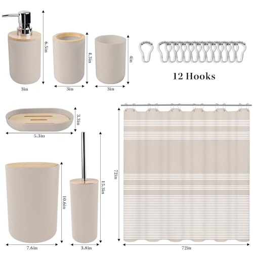 Britimes Bathroom Accessories Sets, Boho Shower Curtain Set with Trash Can, Soap Dispenser, Toilet Brush Holder, Toothbrush Holder and Toothbrush Cup for Bathroom Decor (Beige) - color: Beige