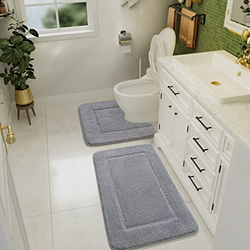 LOCHAS Bathroom Rug Set Light Grey, Soft Bath Rug Set 2 Piece, Toilet Mat U-Shaped 20x20 and 34x20 Bath Rugs, Quickly Dry Mats for Bathroom, Tub, Washable, Super Absorbent Floor Mat - color: Light Grey, size: 34" x 20" Plus 20" x 20" (U-Shape)