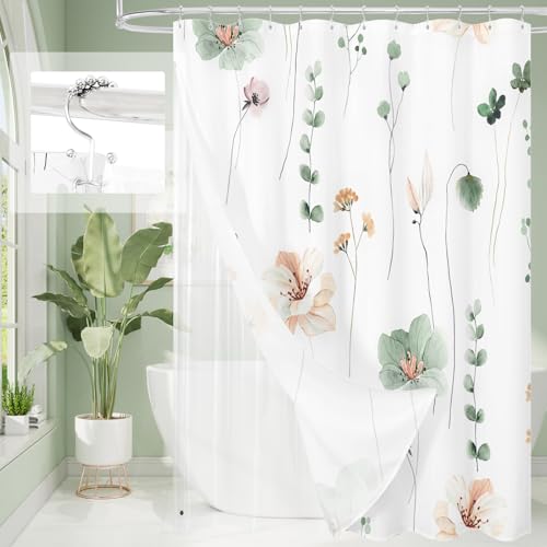 Gibelle Extra Long 3 in 1 Shower Curtain Set, Watercolor Floral Bath Curtain and PEVA Liner Set with 12 Double Sided Steel Hooks, Modern Waterproof Fabric Bathroom Curtain 72x84, Sage Green - color: Sage Green, size: 72"W x 84"L (Pack of 1)