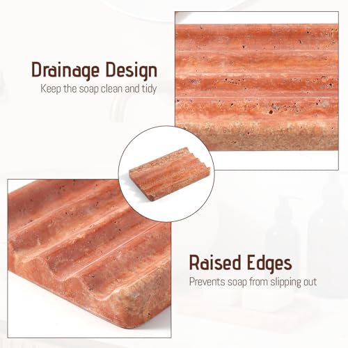 Karibiber Travertine Soap Dish, Red Marble Bar Soap Holder Shower, Bathroom Soaps Saver, Easy Cleaning Natural Stone Sponge Holder for Kitchen Sink, Executive Jewelry Ring Tray - color: Red