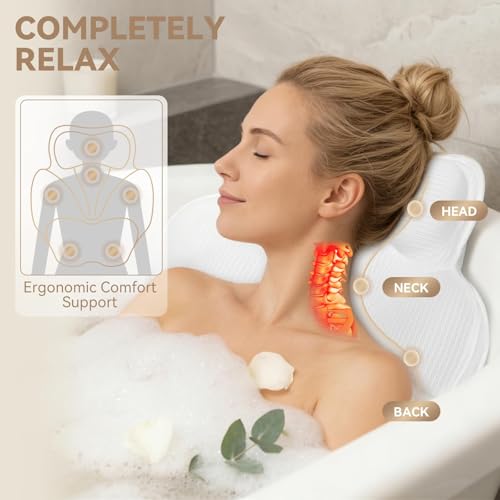 Bath Pillows for Tub - Luxury Bathtub Pillow Neck, Head, Back Support, Soft 5D Mesh Fabric and Non-Slip Suction Cups & Quick Dry, Fits All Tubs, Bath Soaking Accessories Spa Gifts, White - color: White