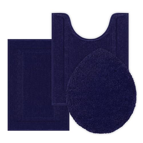 SHACOS Microfiber Bathroom Rugs Set of 3 with Toilet Lid Cover | Non Slip Washable Bath Mat Absorbent Bathroom Carpet 16"x24"+U Shape Toilet Rug 20"x24"+Toilet Lid Cover 19"x21", Navy Blue - color: Navy Blue, size: 16"x24"+U-Shape 20"x24"+Lid Cover 19"x21