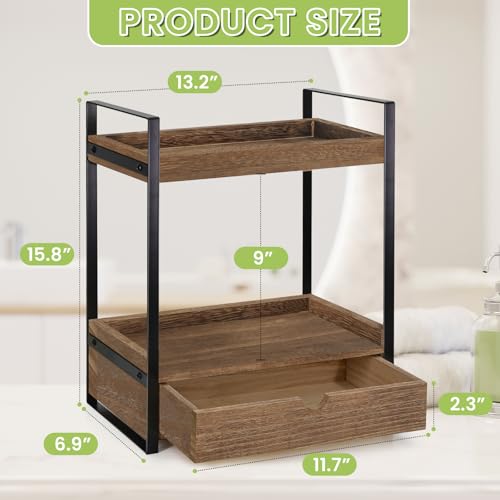 Ukonvi 2-Tier Bathroom Organizer Countertop with Drawer, Wood Counter Shelf for Storage, Vanity Tray for Organization and Decor, Countertop Organizer for Bathroom, Kitchen, Office (Dark Brown) - color: Dark Brown