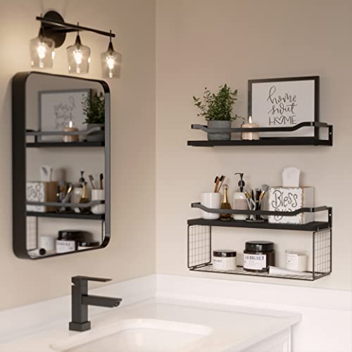 WOPITUES Floating Shelves with Wire Storage Basket, Bathroom Shelves Over Toilet with Protective Metal Guardrail, Wood Wall Shelves for Bathroom, Bedroom, Living Room, Toilet Paper-Black - color: Black