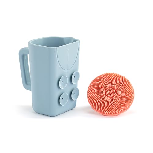 DEMDACO Love to Play Collection Baby Bath Rinse Cup and Silicone Scalp Scrubber Set - Gentle Hair Washing Aid for Infants & Toddlers Soft Silicone Kids' Brush & Ergonomic Rinse Pitcher, Pink