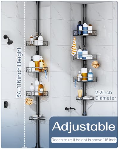 SEIRIONE Corner Shower Caddy Tension Pole, 4-Tier Rust-Free Shower Organizer Corner, Adjustable Shelf for Bathroom Storage, Easy-Install Standing Rack, 34 to 116Inch, Black