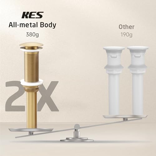 KES All-Metal Pop Up Bathroom Sink Drain, Extended Thread for Thicker Vessel Sinks & Countertops, Durable Brass & Stainless Steel, No Overflow, Brushed Gold, S2022D-BZ - color: Brushed Gold, style: NO Overflow, Long Thread