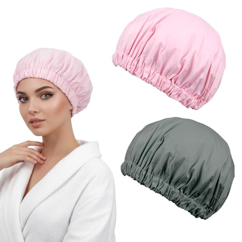 2 Pcs Reusable Shower Cap for Women Reusable Waterproof Large Shower Bonnet Washable Elastic Band Bath Hair Hat Double Layer Showers Caps Soft Non-Slip Washable Showers Bonnet for Most Hair Types