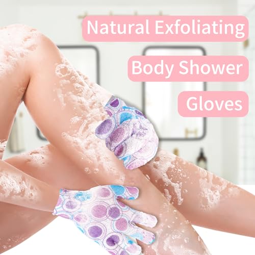 FARMOGA Exfoliating Gloves Shower Loofah Body Scrubber African Exfoliating Net Glove Bathing Accessories Exfoliating Mitt for Women & Men (4Pcs-Bath Gloves-Flower)