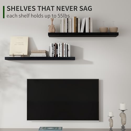 Marsmiles Wood Floating Shelves for Wall Set of 2, 36 Inch Wide Rustic Wooden Floating Shelves, Invisible Wall Mounted Display for Living Room Bedroom Kitchen Bathroom Office, White - color: Distressed Black, size: 36Inch, Set of 2, (1-2/5"H)