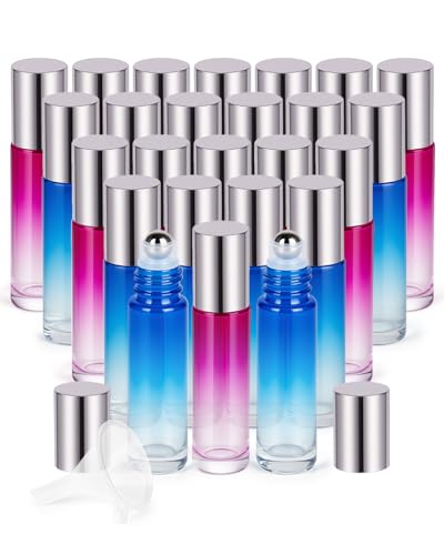 Worldgsb 25 Pack Essential Oil Roller Bottles, 10ml Refillable Glass Roller Bottles with Stainless Steel Roller Balls and Caps for Travel, Perfume and Lip Gloss Blue-Red Gradient - color: Blue-Red Gradient, style: 25 Pack