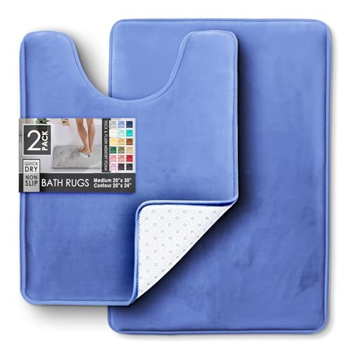 Clara Clark Bathroom Rugs, Velvet Memory Foam Bath Mat, Non-Slip Bath Rugs, Machine Wash, Dries Quickly, Ultra Soft Plush Bath Mats for Bathroom, - color: Calm Blue, style: 20 x 32 + Contour