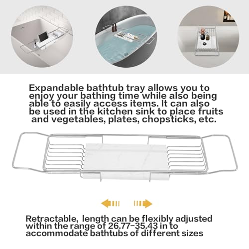 Expandable Bathtub Tray Caddy Shelf with Marble Table Mobile/Tablet Stand, Luxury Bath Tub Tray Rack, Bathroom Home Spa Shower Accessories Perfect Relaxing Spa Gifts for Women and Towel - color: Silver Rack+white Marble Board