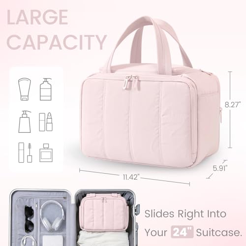 Cute Puffy Toiletry Bag for Women,Large Makeup Bag,Travel Cosmetic Bag with Adjustable Dividers & Trolley Sleeve,Toiletries Organizer,Light Pink - color: Pink