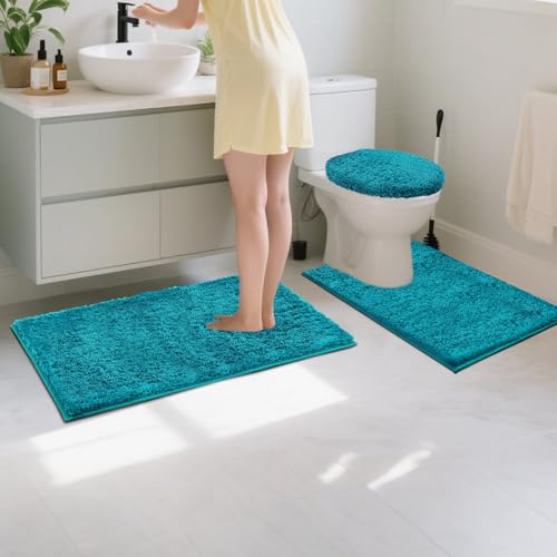 Bathroom Rugs Sets 3 Piece with Adjustable Toilet Seat Cover 17.5"x 15" Machine Washable Bath Rug Set with TPR Non Slip Rubber Backing Solid Bath Mat Set for Luxury Bathroom Decoration - color: Teal