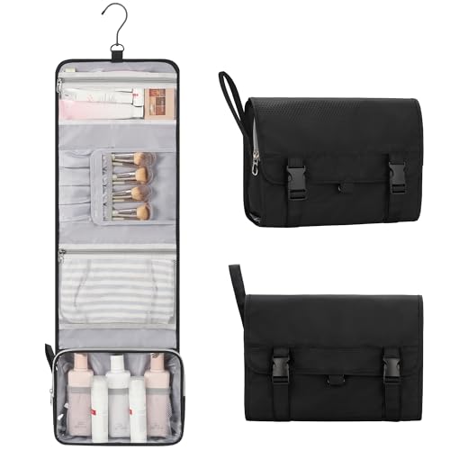 Travel Hanging Toiletry Bag with Makeup Brush Board, Portable Toiletries Bag with Hanging Hook, Water Resistant Wash Bag, Makeup Organizer with Cosmetics for Full Sized Travel Essentials - Black - color: 03 Black with Brush Board, size: Large