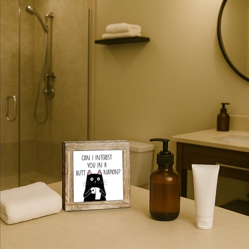 Funny Black Cat Bathroom Decor Wooden Sign, Can I Interest You in A Butt Napkin, Washroom Decoration for Table Shelf, Rustic Bathroom Wooden Table Top Decor 5.9×5.9 inch - color: color32