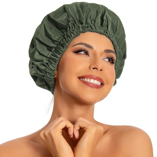 Edoneery Reusable Shower Caps for Women, Waterproof Long Hair Bonnet | Washable Design, Wide Elastic Band, Large Fit, Holds Long Hair, Braids Friendly, Bath Accessories, Spa, Travel - color: Green