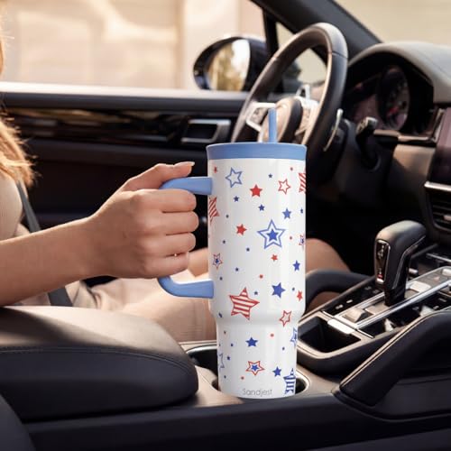 SANDJEST American Flag Stainless Steel Locking Lid Silicone Straw Tumbler with Handle 40oz, Insulated Stainless Steel Travel Cup for Women Girls Friends, Gift Idea for Birthday July 4th (Star) - color: American Flag 2