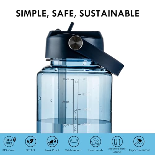 OLDLEY 32oz Water Bottle with Straw,Leakproof Tritan Clear Bottle with Marked Bottle and Carry Handle, BPA-Free Wide Mouth Reusable Sports Bottle for Gym,Hiking,Camping,Travel,Workout,Deep Navy - color: Deep Navy