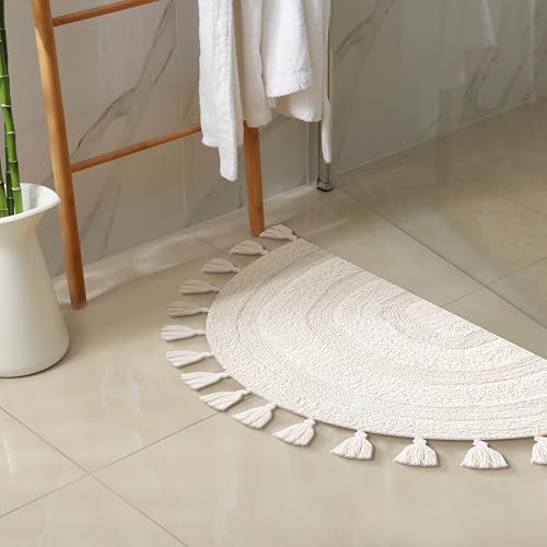 Cotton Half Circle Boho Bathroom Rug with Antiskid 22"x36" Ivory – 100% Cotton Scalloped Bath Mat, Anti?Skid, Soft & Absorbent Bathroom Rug for Shower, Tub & Entryway - color: Ivory, size: 22"x36" - Half Circle