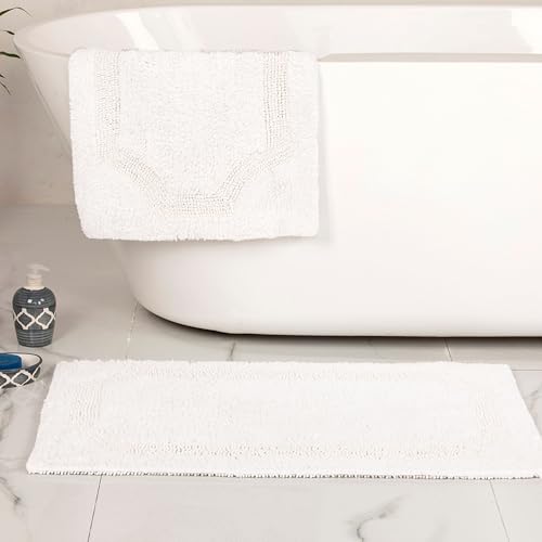 voyzz home Set of 2 Reversible Bath Rug 20x32 inch -17x24 inch | 100% Cotton Hand Tufted Soft & Absorbent Bath Mat|Washable Quick Dry Shaggy Shower Mat | Non-Slip Mordern Bathroom Decor | White… - color: White Shaggy Set of 2 20x32-17x24