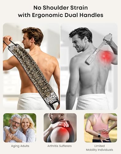eaxun Exfoliating Back Scrubber with Two Handles & Glove for Shower, Dual-Sided Mitt and Wider Bath Exfoliator with Mesh Loofah for Men, Women, Elderly, Deep Cleansing Body Washer Set - Leopard - color: Leopard Set, size: Large