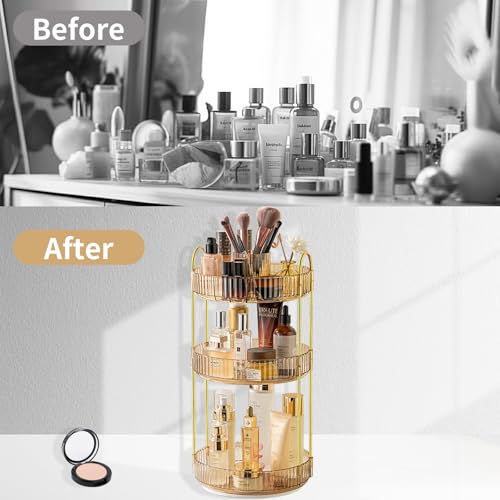 Asayuee 360 Rotating Makeup Organizer,3 Tier Large Capacity Make Up Organizers and Storage,Skincare Perfume Vanity Organizers,Bathroom Cosmetics Storage Organizer Countertop(Gold) - color: Gold, size: New-3 Tier