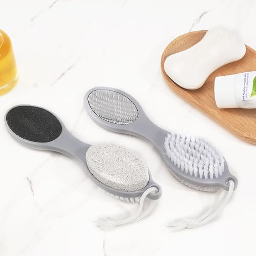 2 Pcs 4 in 1 Foot Brush for Use in Shower with Pumice Stone, Foot Rasp and Sandpaper, Foot Scrubber Brush for Feet, Dead Skin Remover for Foot Care - style: 2 Black Gray Foot Brush