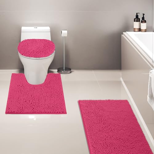 Bathroom Rugs Sets 3 Piece with Adjustable Toilet Seat Cover 19.5"x 18.5" Machine Washable Bath Rug Set with TPR Non Slip Rubber Backing Solid Bath Mat Set for Luxury Bathroom Decoration - color: Hot Pink