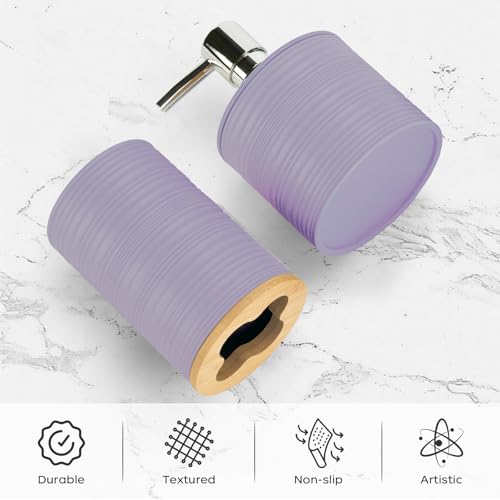 2 PCS Lavender Bathroom Accessories Set, Soap Dispenser and Toothbrush Holder Set, Plastics & Bamboo Bathroom Set, Bohemian Style Bathroom Sink Set - color: Lavender Purple, size: 2 PCS