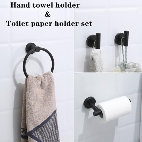 4 Piece Matte Black Stainless Steel Bathroom Hardware Set Include Hand Towel Ring, Toilet Paper Holder,and 2 Robe Towel Hooks,Bathroom Accessories Kit - color: Matte Black