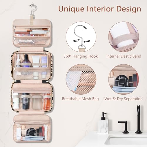 Wedama Toiletry Bag for Women, Hanging Travel Toiletry Bag with Jewelry Organizer Compartment Large Makeup Bag, PVC Waterproof Cosmetic Travel Bag Trips Camping Bathroom, Leopard Print - color: Leopard Print, size: Large, style: With Jewelry Organizer Com