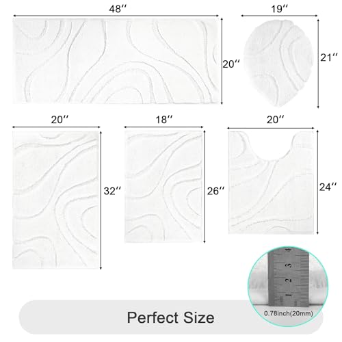 HEBE Bathroom Rugs Sets 5 Piece, Soft Absorbent Microfiber Bath Mat for Bathroom, Non Slip Washable Bath Rug Set with Toilet Cover, Bath Runner and U-Shaped Contour Toilet Rug, White - color: White, size: 18"x26"+20"x32"+20"x48"+U20"x24"+Cover19"x21"