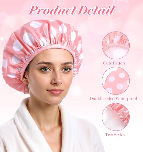 Pink Shower Cap, Double-Sided Reusable Washable Shower Cap for Women, Adjustable & Reusable, Cute Dot Print, Keeps Hair Dry, Suitable for Long Thick Hair（Comes with a Matching Cute Hairband）