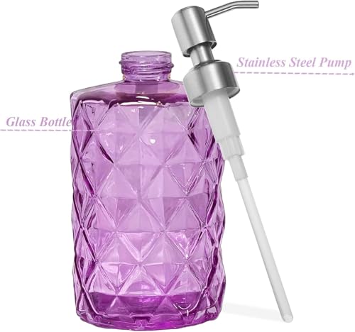 12Oz Purple Soap Dispenser Bathroom - 2 Pack, Clear Glass Hand Soap Dispensers with Stainless Steel Pump, Refillable Dish Soap Dispenser for Kitchen, Countertop Soap Dispensers - color: Diamond Purple（2-pack）