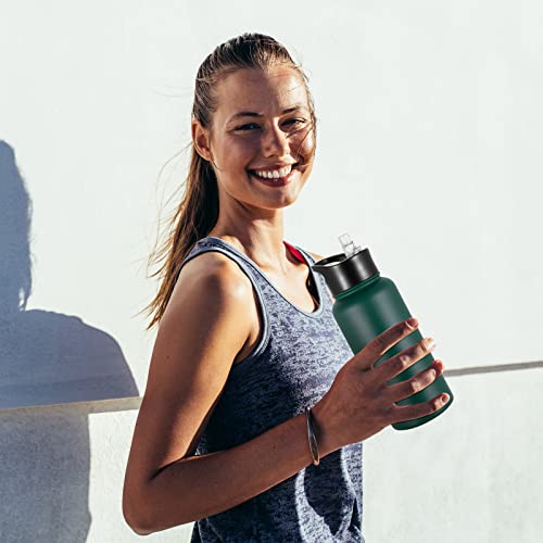 32 oz Insulated Water Bottle Bulk 4 Pack, Stainless Steel Sports Water Bottles with Straw Lid & Wide Mouth Lids, Double Walled Vacuum, Leak Proof, Dark Green - color: Dark Green, size: 32 Ounces-4