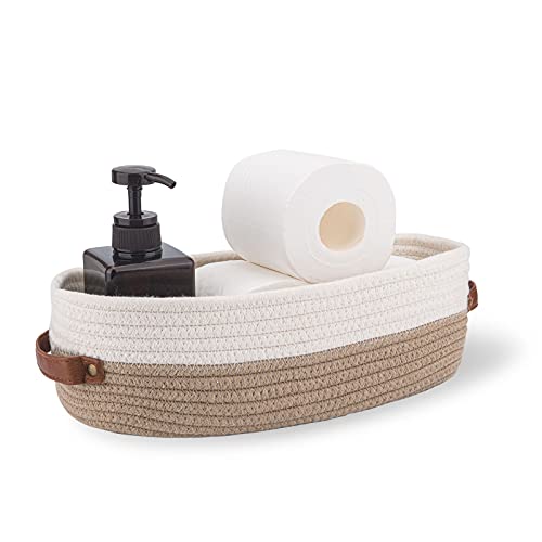 Cotton Rope Bathroom Decor Basket,Toilet Paper Holder Basket,Farmhouse Home Decor Organizing Baskets 13"x5.9"x4" Brown Stitching White - color: Brown Stitching White
