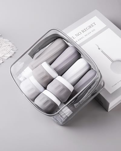 Mrsdry Travel Bottles for Toiletries 8 Pack, TSA Approved Travel Size Containers 3oz, Leak Proof Silicone Squeezable Creams Jars with Clear Travel Bag - color: Proper Gray, size: 3oz bottle 1oz jar